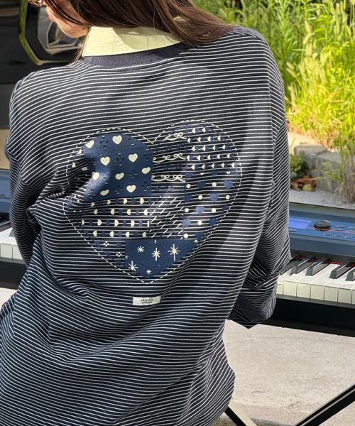 MULTI PATTERN HEART STRIPE LONG SLEEVE NAVY