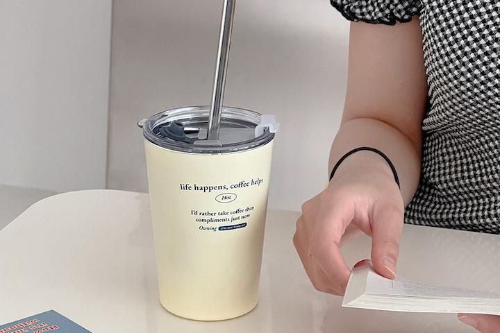 라이트 바닐라 레터링 스텐텀블러 420ml 하트스틸빨대 증정 이중스텐 오피스텀블러