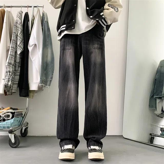 아웃포켓 와이드 일자핏 흑청 데님 팬츠 MJ1211