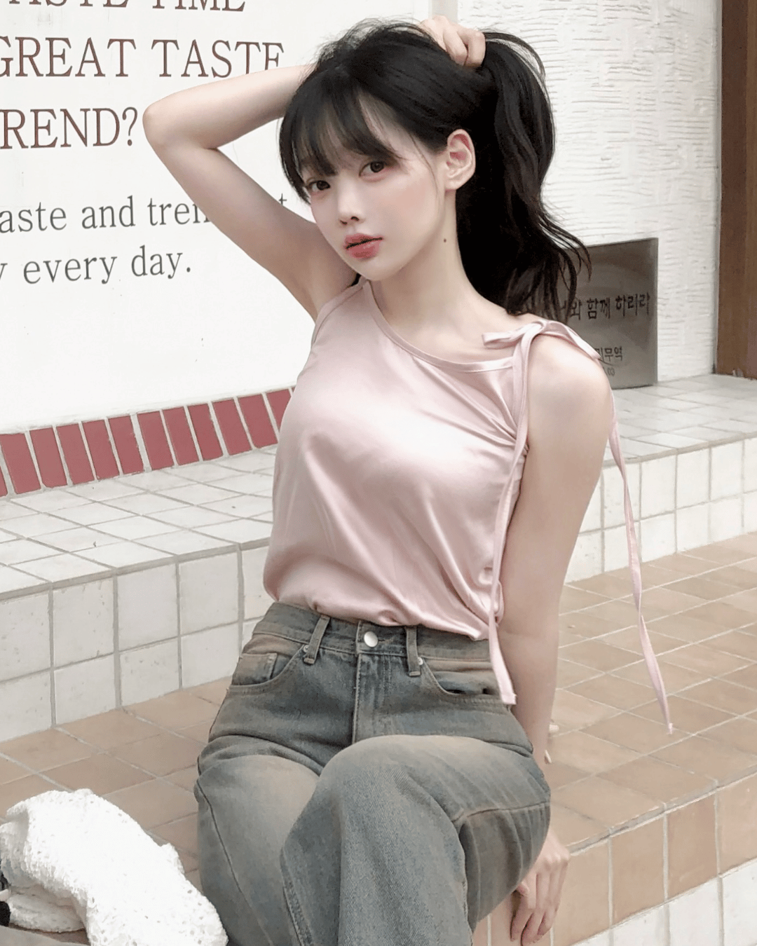 [자체제작/2color] 여름 민소매 발레코어 새틴 슬리브리스 리본