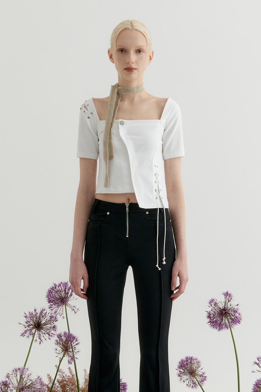 SQUARE NECK DENIM LACE-UP TOP - WHITE (5/31일 예약배송)