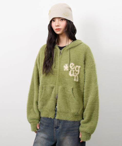 EUG 헤어리 니트 후드 집업_그린