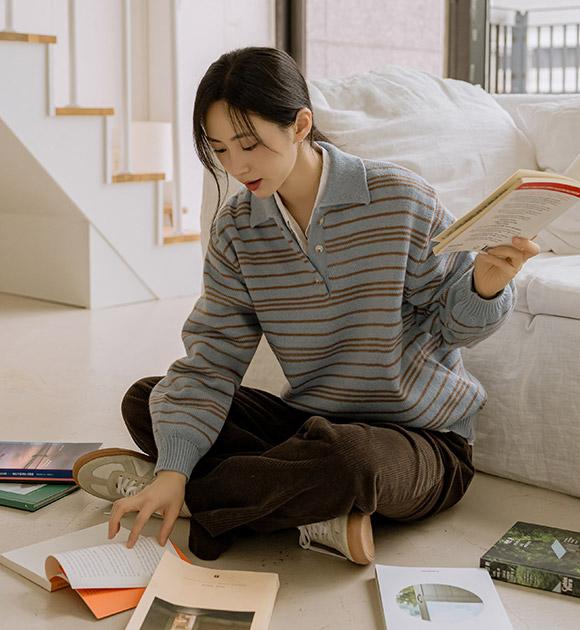 6DA32039HR_라이브 카라넥배색 줄지니트