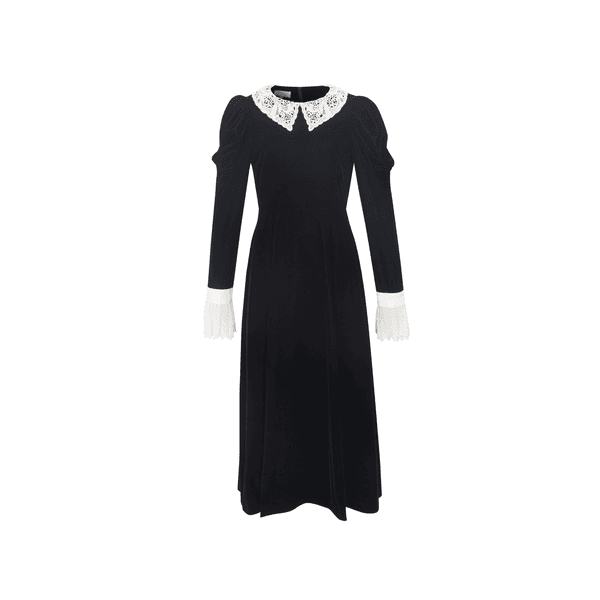 Mutton Sleeve Lace trim Velvet Long Dress
