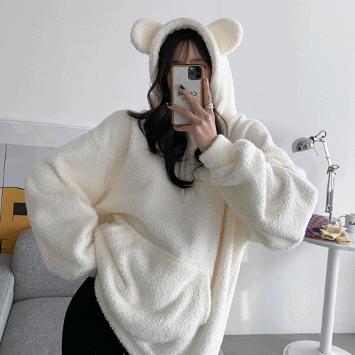 곰돌이귀 오버핏 보아 양털 후드