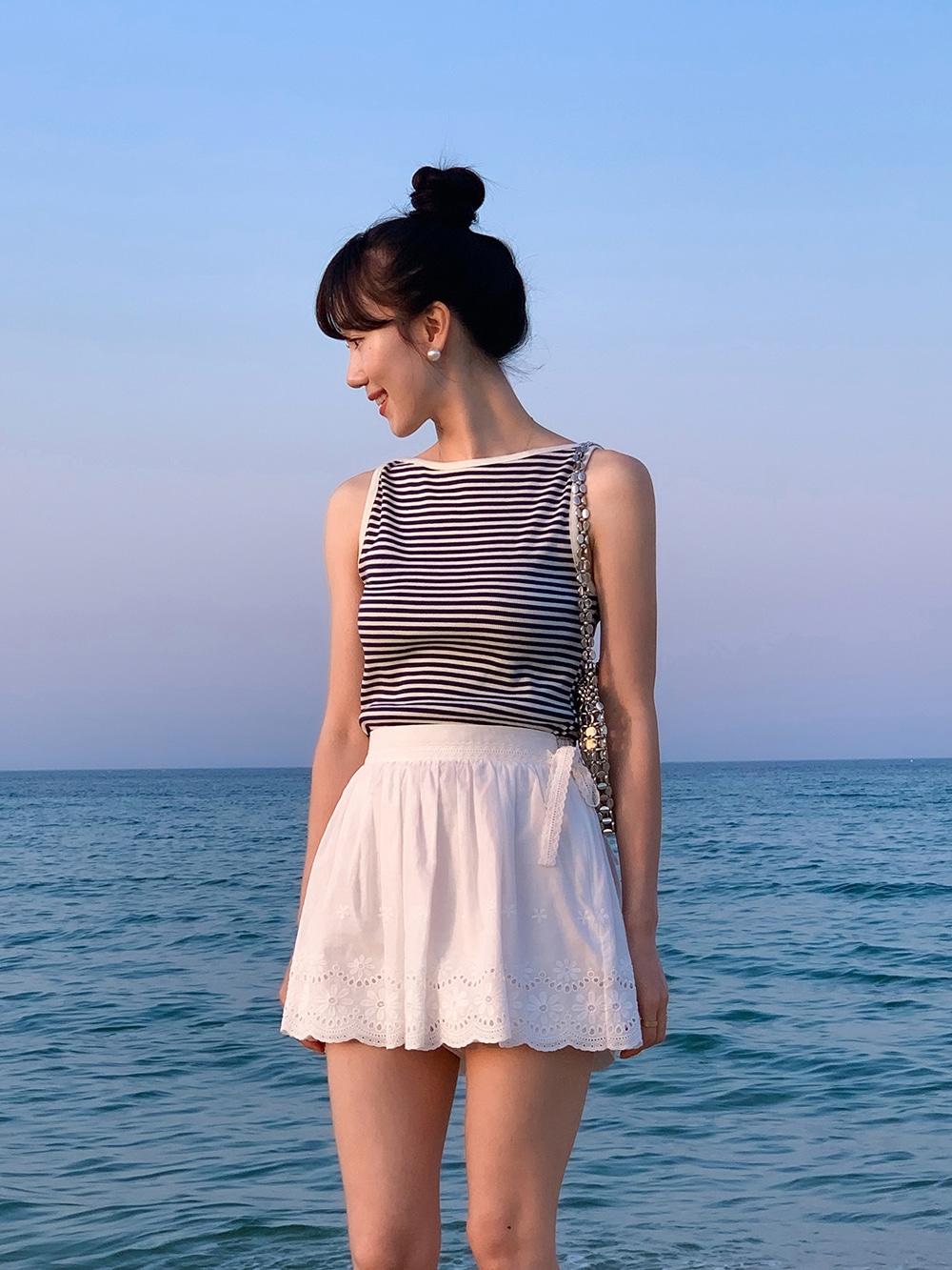 마이디르 웨어 스트라이프 보트넥 민소매티셔츠 나시 슬리브리스