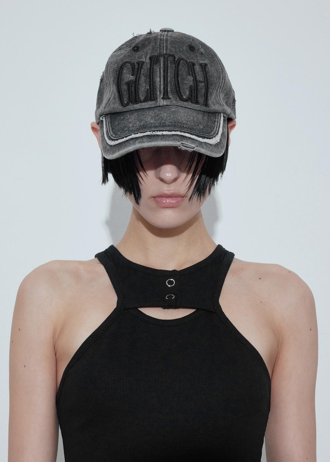 GLITCH WASHED DENIM BALL CAP, SNOW GRAY