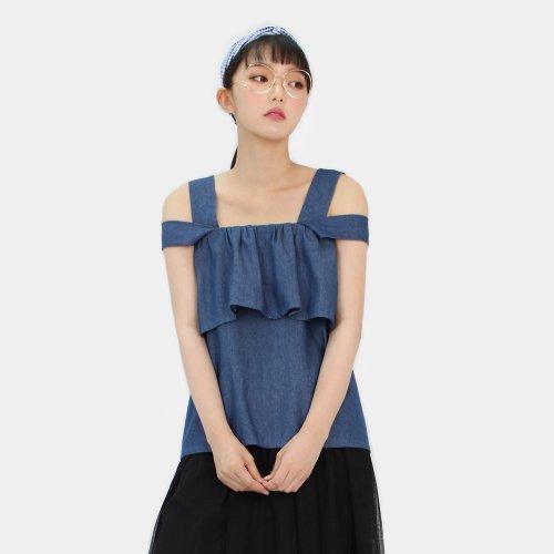 데님 프릴 오프숄더 뷔스티에
