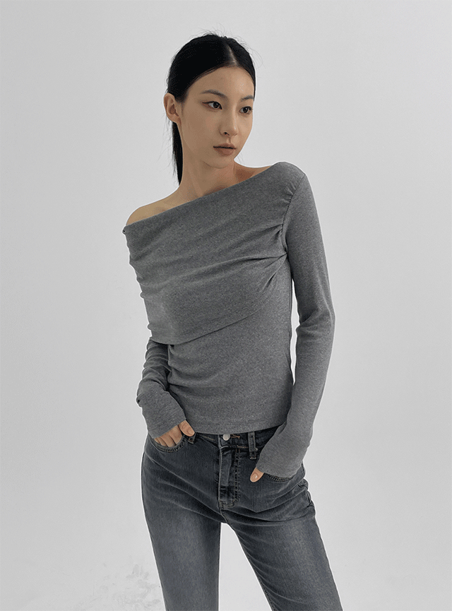 블랙업 란데 언발 오프숄더 골지 긴팔티