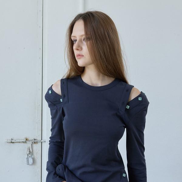 BUTTON CUT-OFF T-SHIRT / charcoal