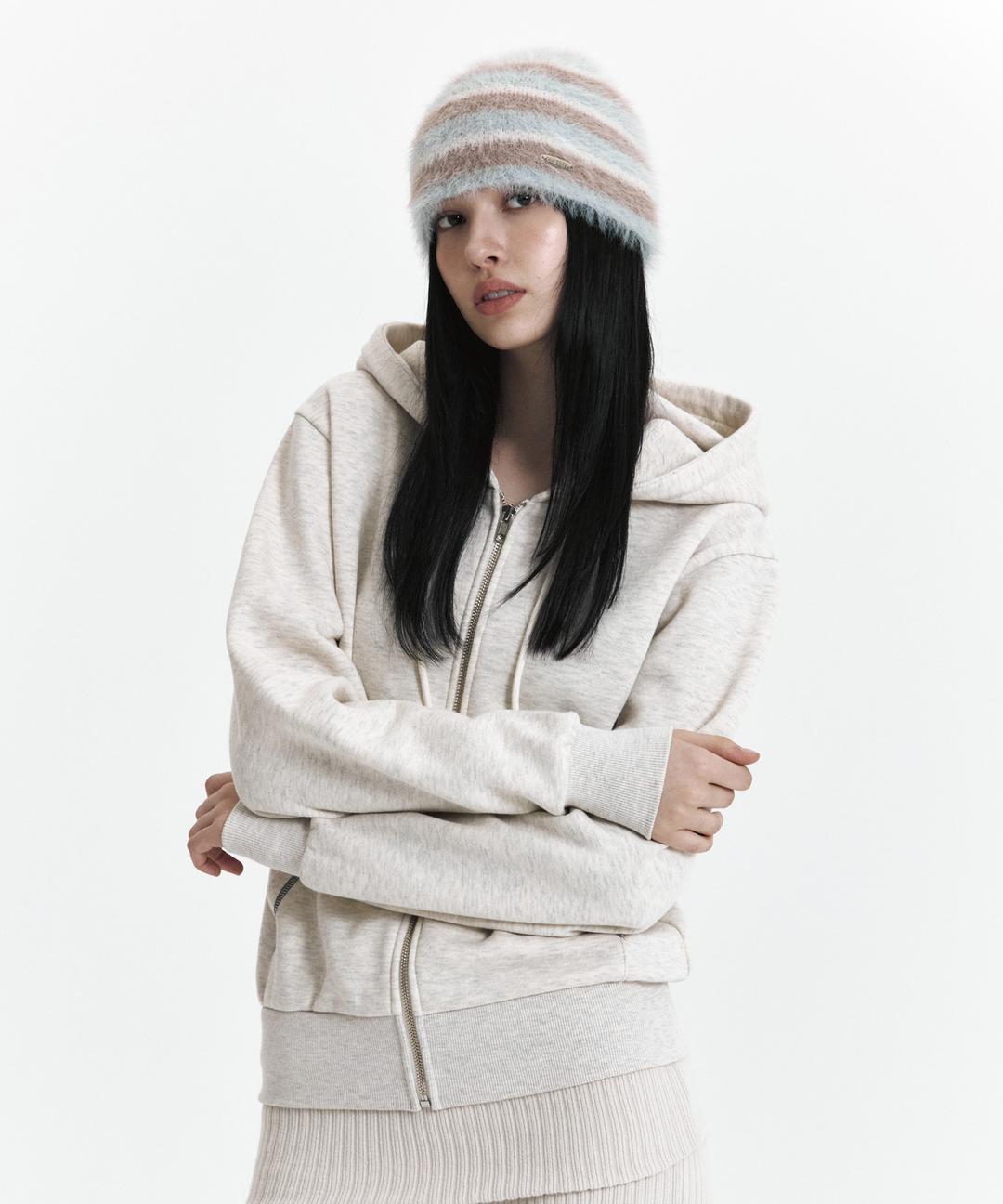 C VELVET LOGO FLEECE ZIP-UP HOODIE_OATMEAL