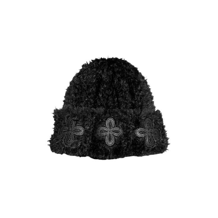 leather patch fur beanie black