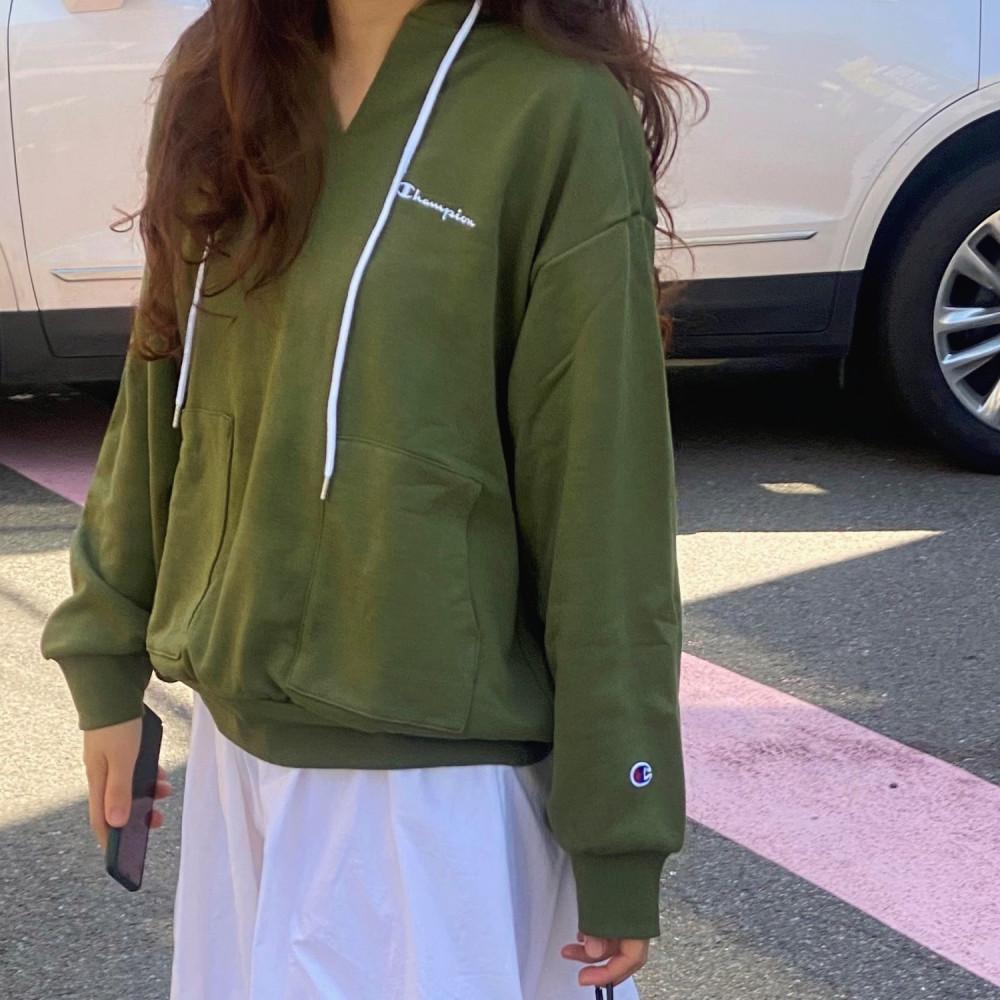 [Champion] 슬릿넥 포켓 후디 맨투맨 티셔츠, logo pocket hoody
