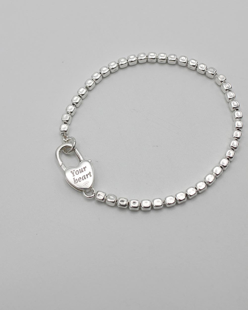 CUBE BALL CHAIN & HEART LOCK BRACELET - SILVER