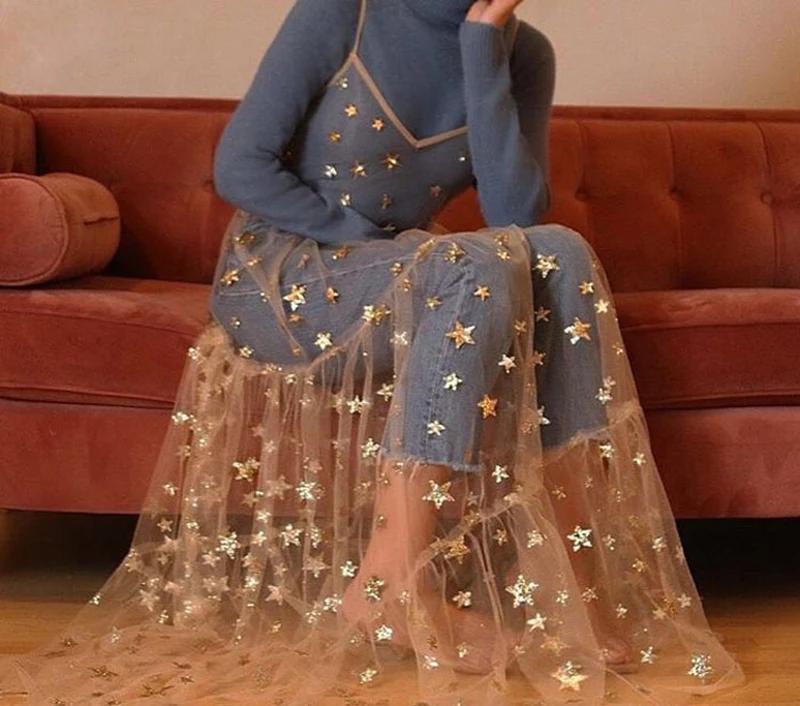 스파게티 스트랩 얇은 명주 그물 드레스, 긴 맥시 드레스, 블링 블링, 브이넥 파티 드레스, 패션 2019