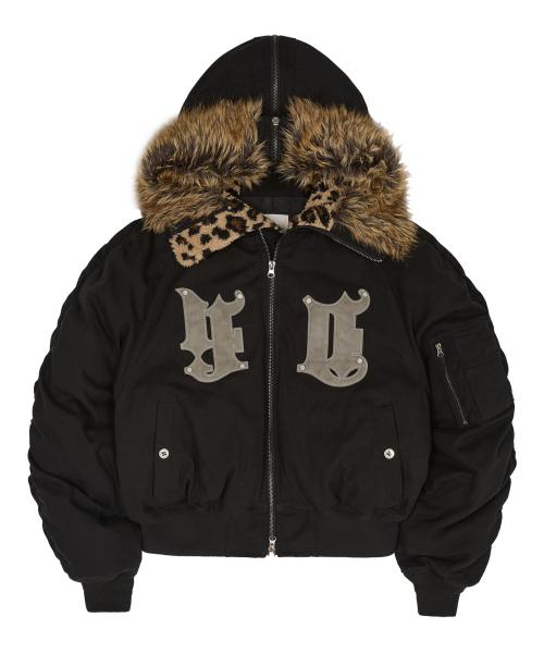 HD 아티피셜 레더 패치 봄버 다운 자켓 블랙