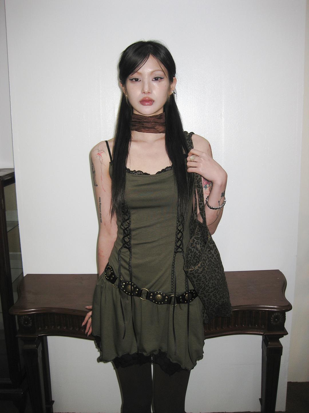 하루[春] - Western lace mini dress (Black/Khaki)