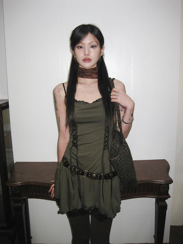 하루[春] - Western lace mini dress (Black/Khaki)