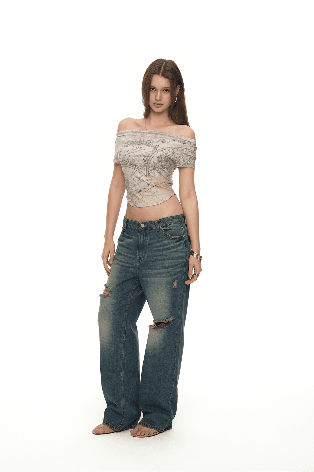 ASYMMETRIC ONE SHOULDER T-SHIRT (VINTAGE MAP)