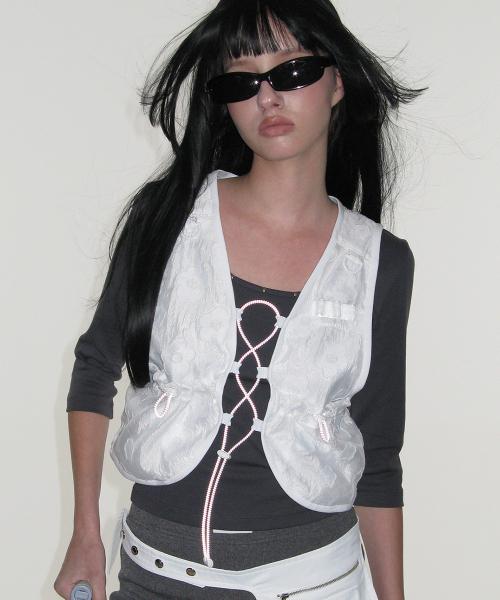 플라워 자카드 레이스업 베스트_화이트