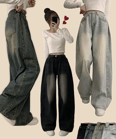 [冬パンツ🔥] [ショート] [ロング] 2サイズ、 ビンテージ サイド ピンタック ウォッシング ワイド 冬 デニム パンツ 冬 背の高い女 ジーンズ 背の低い女 ズボン 4color