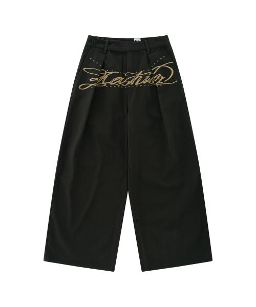 Embroidered Pintuck Wide Pants Charcoal
