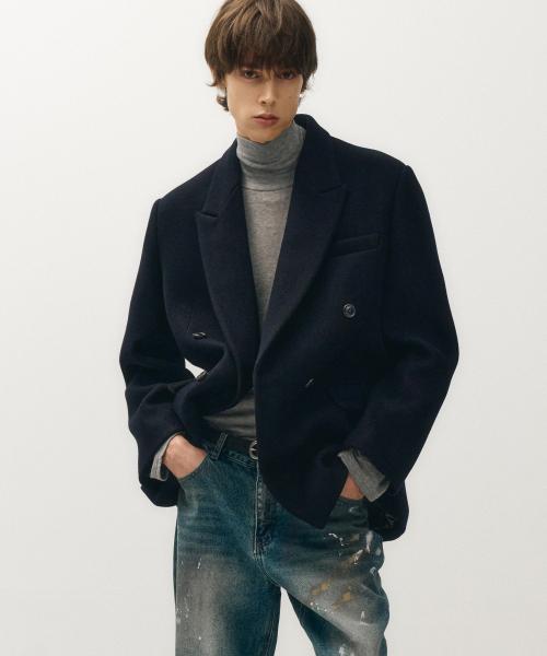 헤비 울 더블 브레스티드 하프 코트 (네이비)