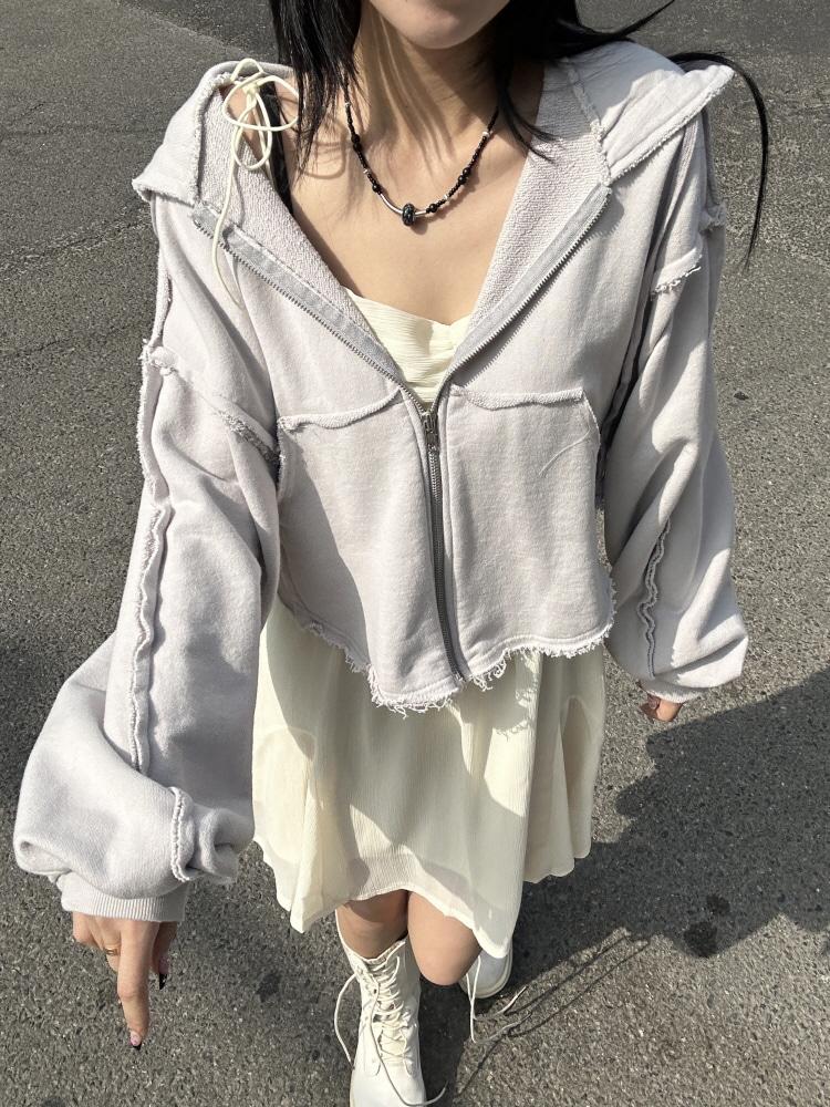 그런지 데끼 언발 컷팅 후드 집업(lightgray,darkgray/3-5일 여유주문)