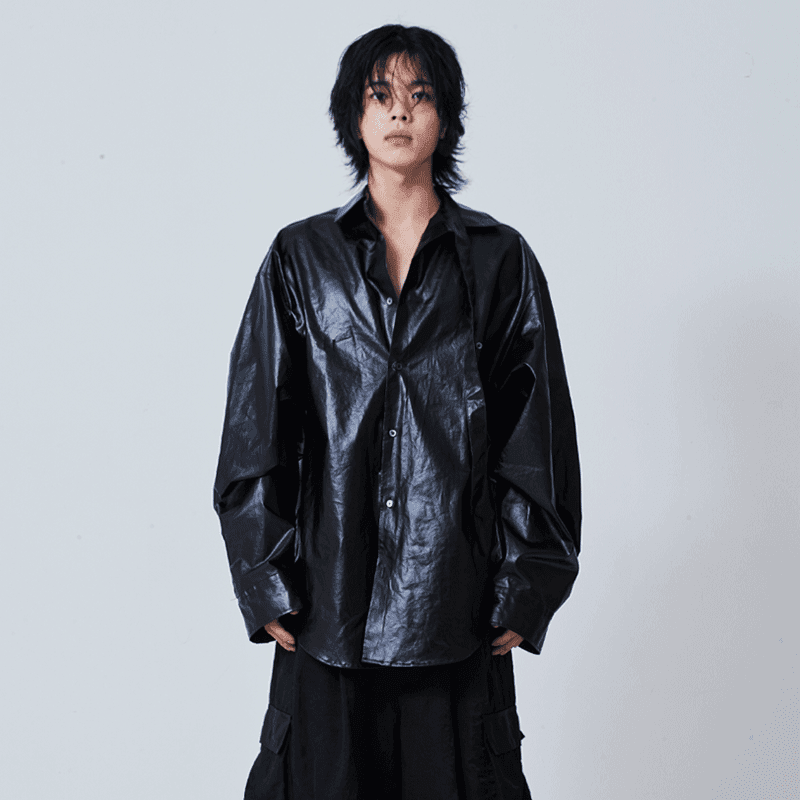 [222] Oversized Collar Tie Shirt - Black