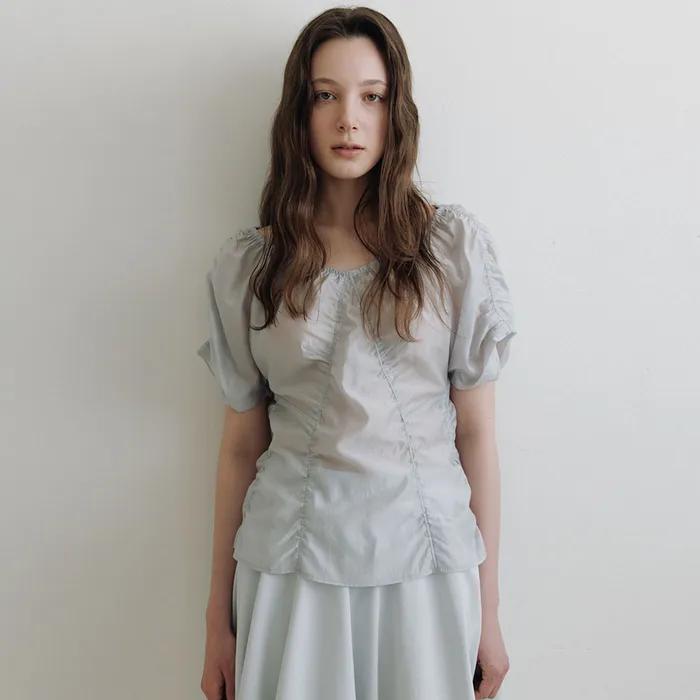 Silky Shirring Blouse(Light Grey)