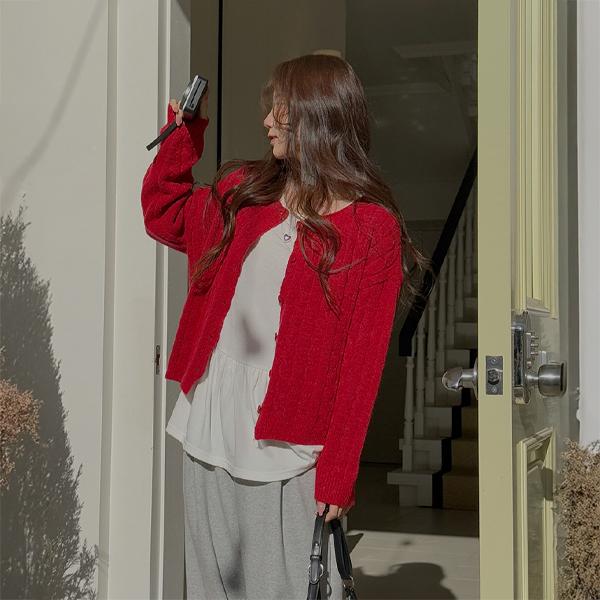 이블렛by제이스타일 [빅사이즈]이블렛 렌퓨미 케이블 버튼 니트 가디건 제이스타일