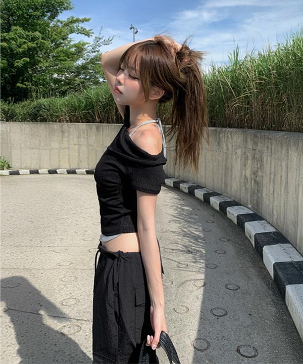 [일체형레이어드🖤] 바우 홀터 레이어드 오프숄더 반팔 티셔츠 (3color)