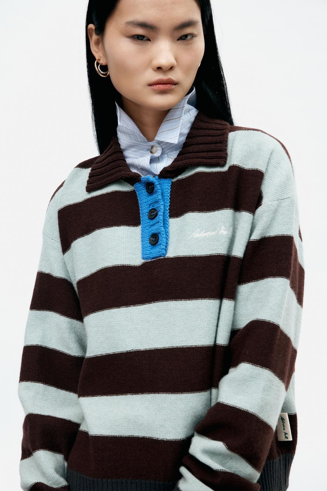 BOLD STRIPE COLLAR SWEATER atb1385w(BROWN/JADE)