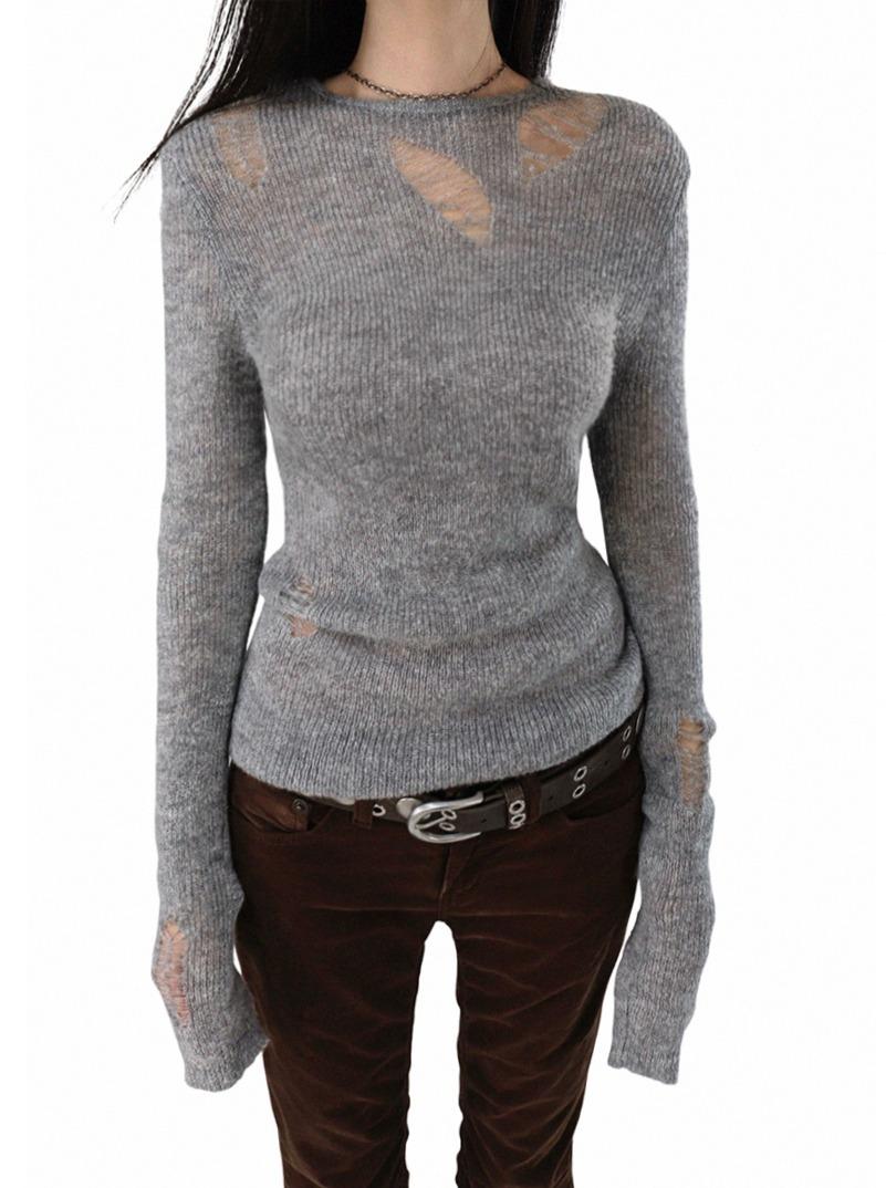 [1월중순입고] KUN DESTROYED ROUND LONG-SLEEVED DAMAGE KNITWEAR 쿤 헤짐 라운드 롱슬리브 데미지니트