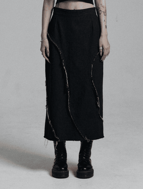 파도 데미지 데님 롱스커트 _ Black