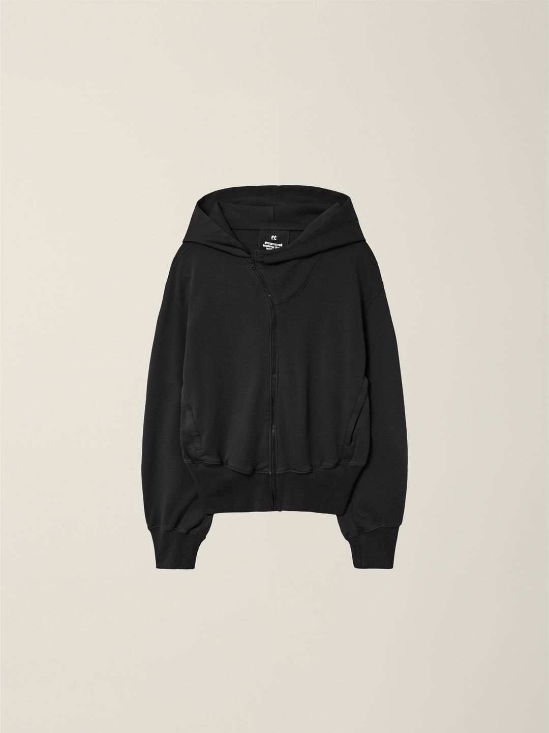GARMENT DYED CURVED HOODED ZIP JACKET  BLACK