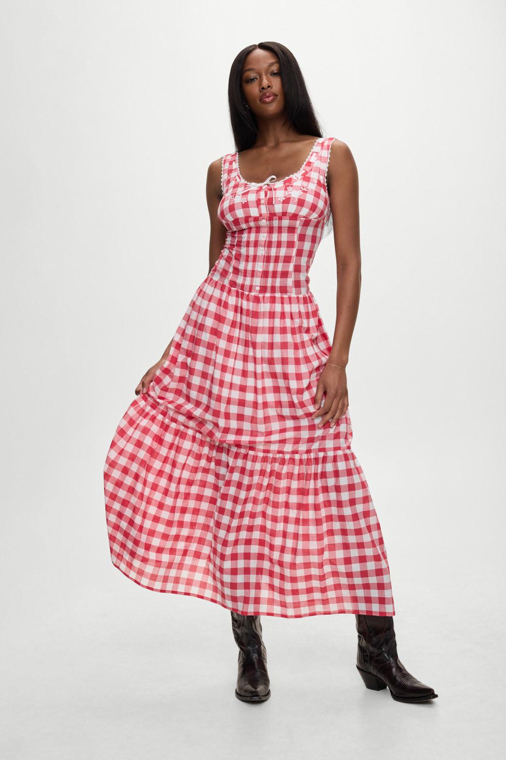 x BELLA HADID Southern Belle Midi Dress - Malibu Picnic - Malibu Picnic / XXS