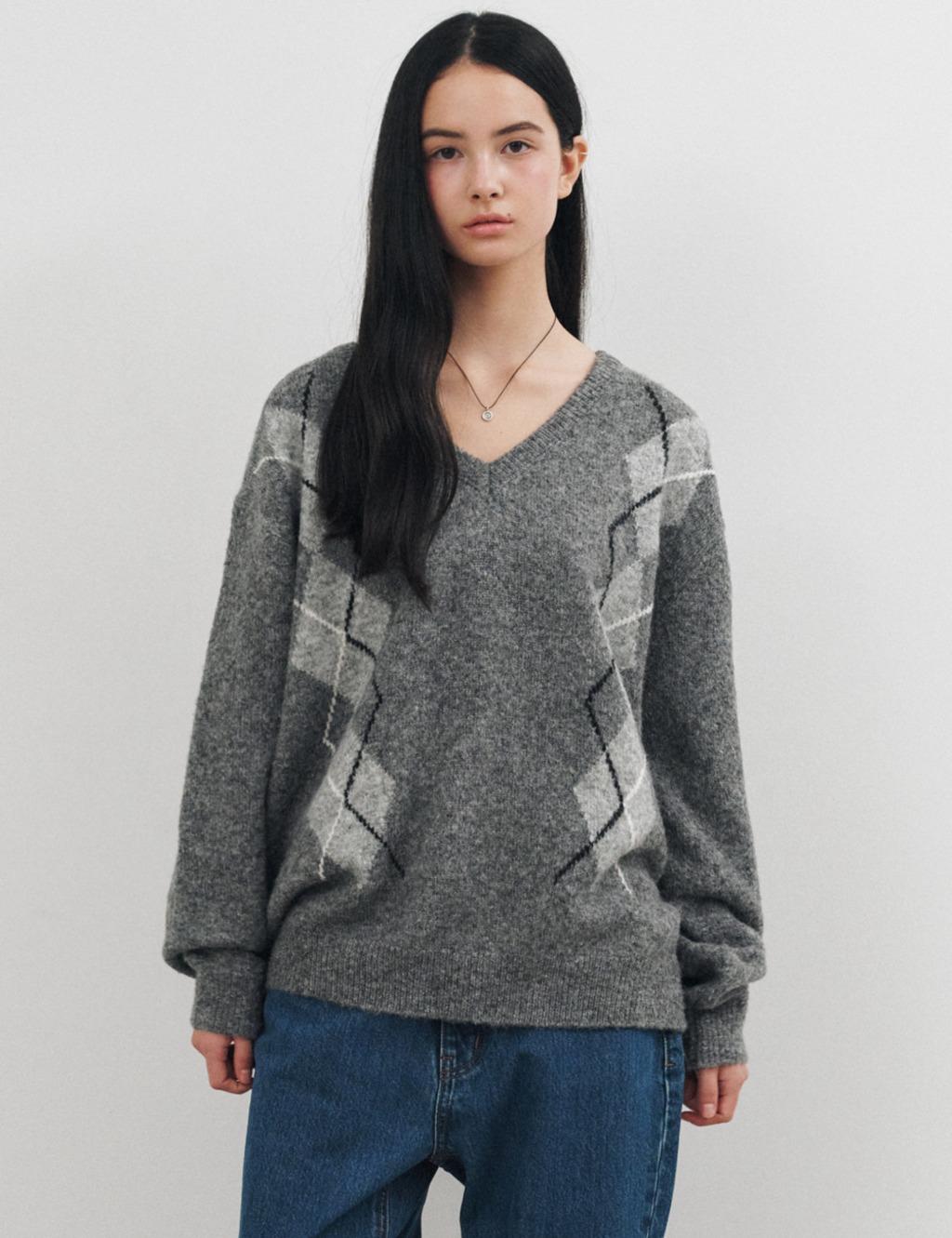 아가일 브이넥 오버핏 울 니트 그레이 MDKT116GRAY