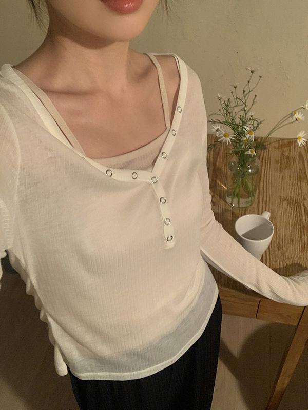 프렌치오브 [레이어드]베리 시스루 버튼 텐셀 여름 여리핏 골지 티셔츠(3color)