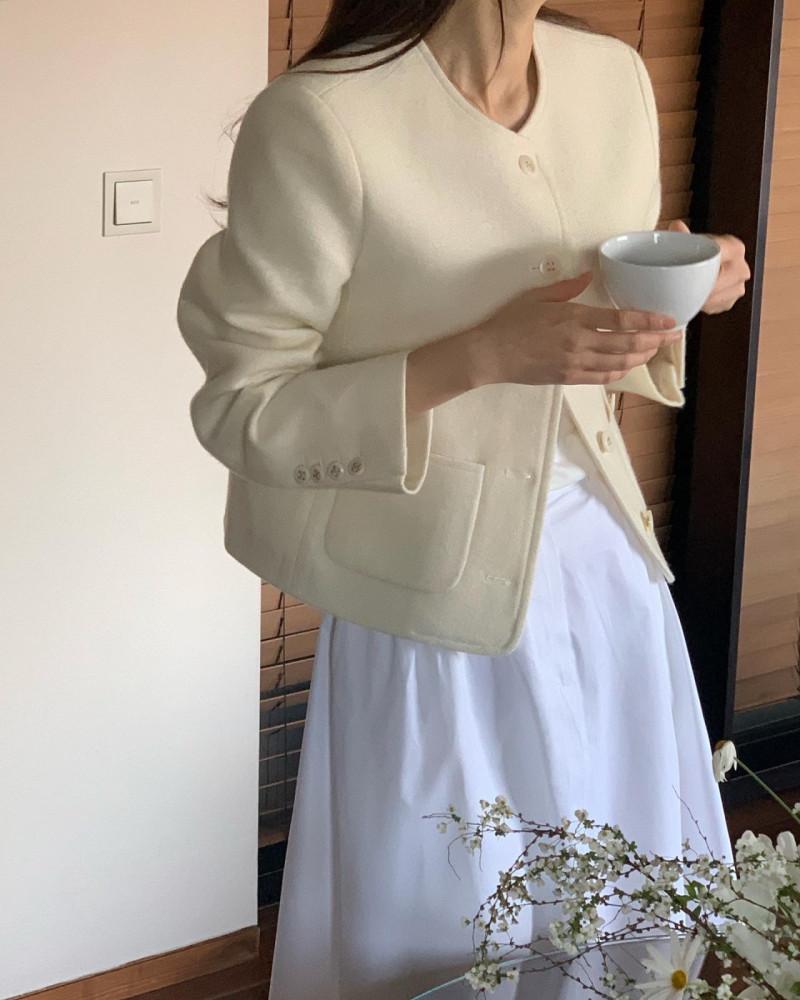 verveine 버베인 엘린 울 트위드 자켓 긴팔 라운드 노카라 숏 싱글 포켓 jk