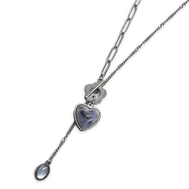 본아웃 블루 하트 원석 꽃 레이어드 언발 써지컬 체인 목걸이