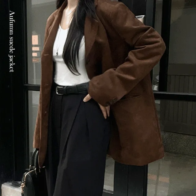 [당일출고🚀MD소장]스웨이드 카라 긴팔자켓(기본정장 출근룩 루즈오버핏 빅사이즈 가을겨울옷 하객룩 무스탕 털코트 크롭레더가죽 할로윈잠바 통통녀 키작녀 수학 일본여행룩 블레이저)