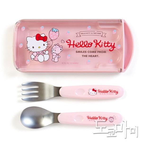 (일본)헬로키티 스푼 포크 케이스세트(딸기)캐릭터 어린이 여자아이 숟가락 스텐