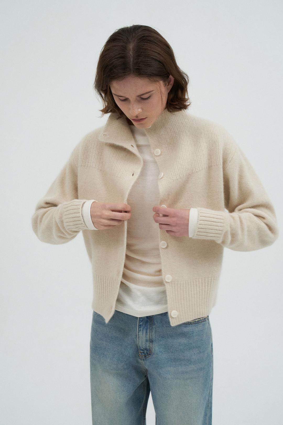 High Neck Button Raccoon Cardigan[LMBEWIKN298]-Mood cream