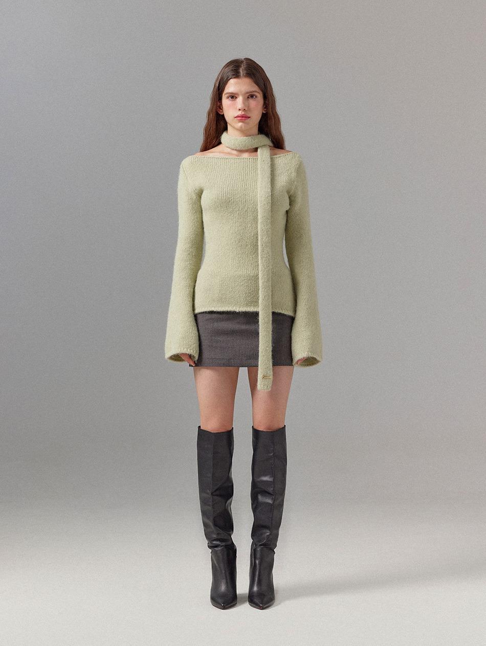 Pastel Green Boat Neck Scarf Set Knit