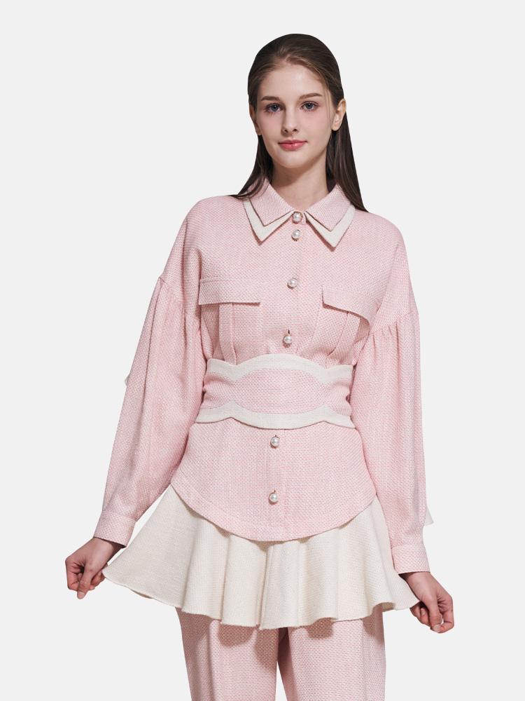 컬렉션 샘플 세일 핑크 트위드 프릴 진주 버튼 블라우스