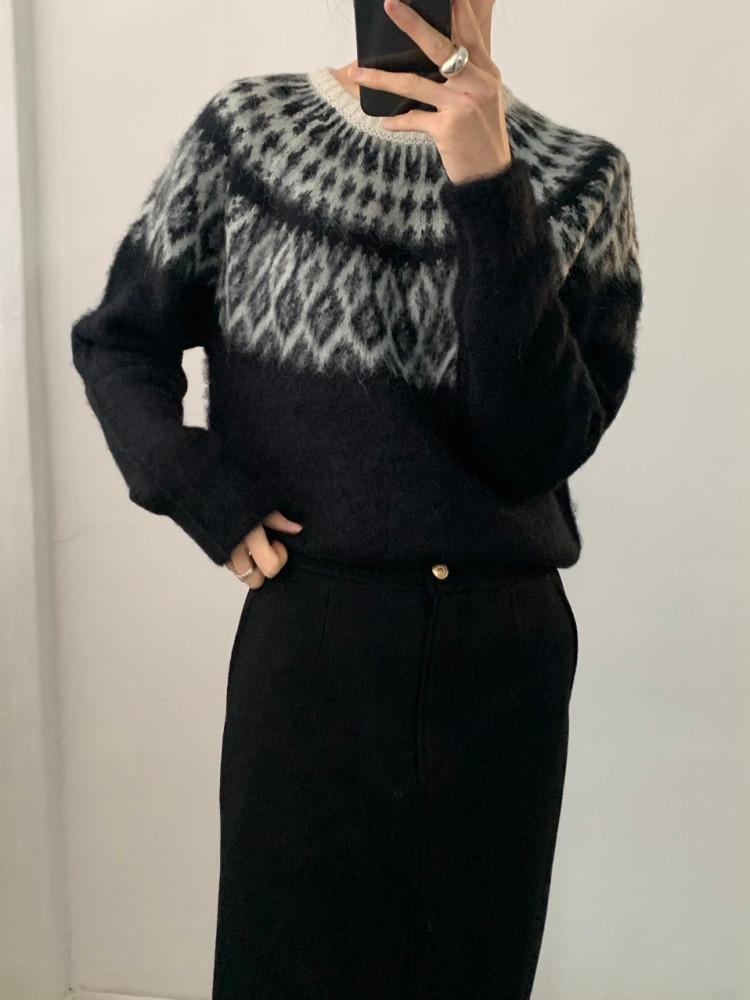 helvetica 헬베티카 노르딕 알파카 니트 자가드 겨울니트 라운드 긴팔 데일리 이너프