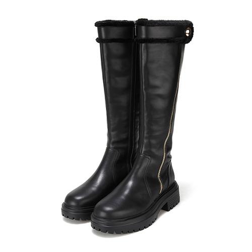 바바라 소가죽 지퍼 장식 퍼 여성롱부츠 4cm_BBG837BK