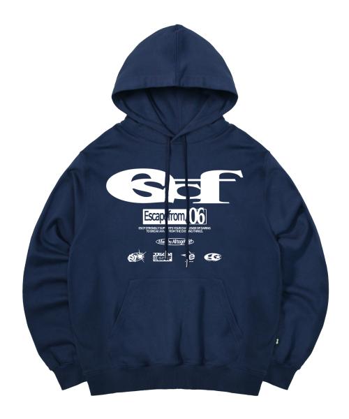 이스케이프프롬(ESCAPEFROM)  ESCF 로고 콜라주 프린트 후드티 딥블루 - 사이즈 & 후기 | 무신사