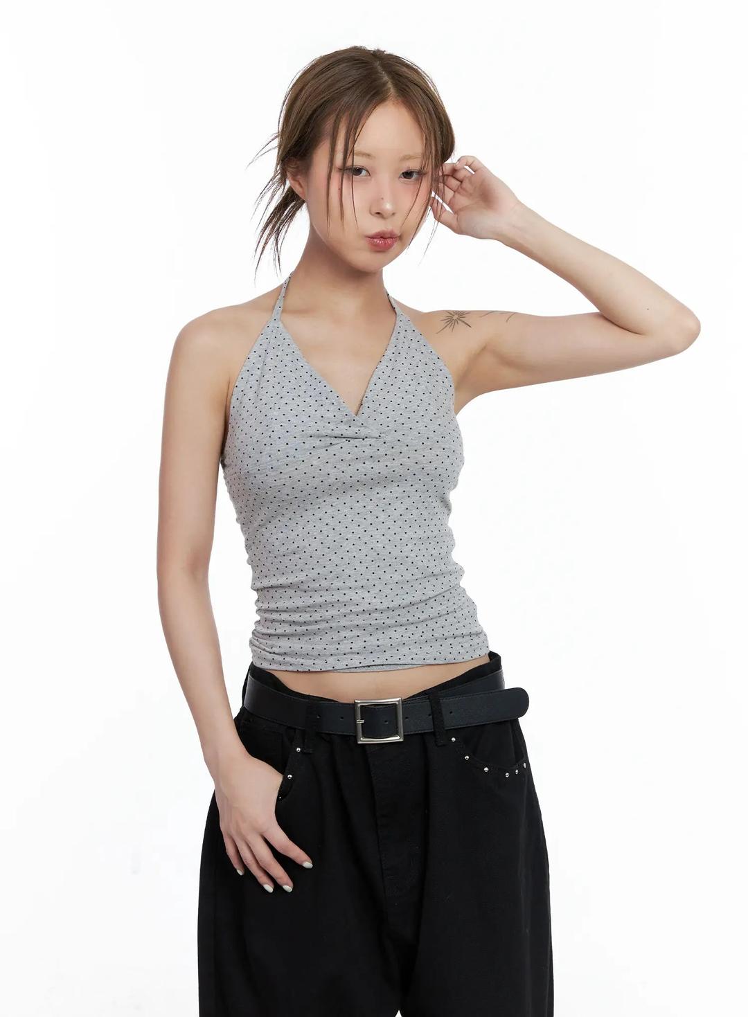 Polka Dot Halter V-Neck Sleeveless Top CL511 - Gray / S/M